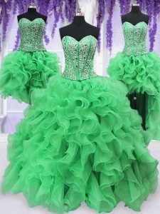 Beauteous Four Piece Green Organza Lace Up Sweetheart Sleeveless Floor Length Quince Ball Gowns Beading and Ruffles