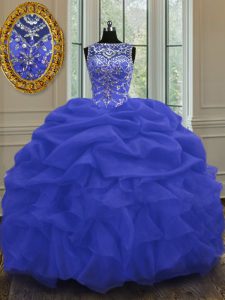 Perfect Scoop Pick Ups Blue Sleeveless Organza Lace Up Ball Gown Prom Dress for Military Ball and Sweet 16 and Quinceane