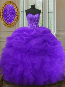 Purple Lace Up Sweetheart Beading and Ruffles and Pick Ups Vestidos de Quinceanera Organza Sleeveless
