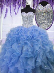 Fabulous Sleeveless Beading and Ruffles Lace Up Quince Ball Gowns
