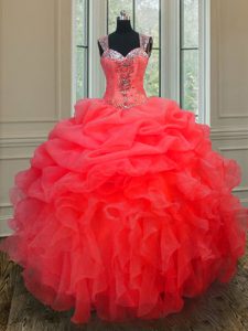 Flare Straps Beading and Ruffles Sweet 16 Dresses Coral Red Zipper Sleeveless Floor Length