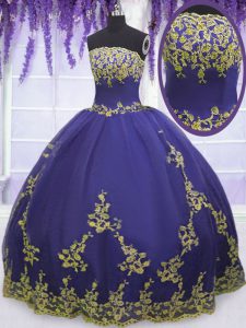 Deluxe Purple Zipper Strapless Appliques Sweet 16 Dresses Tulle Sleeveless