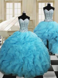 Three Piece Baby Blue Sweetheart Lace Up Beading and Ruffles Quince Ball Gowns Sleeveless
