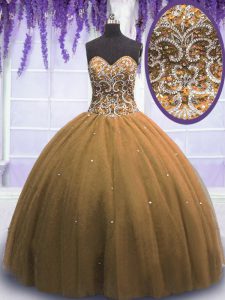 Brown Quince Ball Gowns Military Ball and Sweet 16 and Quinceanera and For with Beading Sweetheart Sleeveless Lace Up