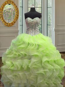 Trendy Yellow Green Sweetheart Lace Up Beading and Ruffles Ball Gown Prom Dress Sleeveless