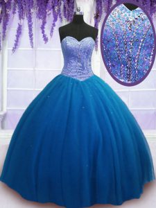 Deluxe Floor Length Lace Up 15th Birthday Dress Teal for Military Ball and Sweet 16 and Quinceanera with Beading