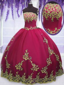 Fantastic Fuchsia Ball Gowns Tulle Strapless Sleeveless Appliques Floor Length Zipper Quinceanera Dresses