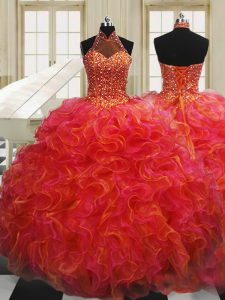 Luxury Halter Top Floor Length Multi-color Sweet 16 Quinceanera Dress Organza Sleeveless Beading and Ruffles