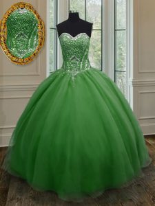 Glamorous Floor Length Dark Green Quince Ball Gowns Organza Sleeveless Beading and Ruching