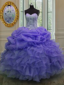 Sweetheart Sleeveless Sweet 16 Quinceanera Dress Floor Length Beading and Ruffles and Pick Ups Lavender Organza