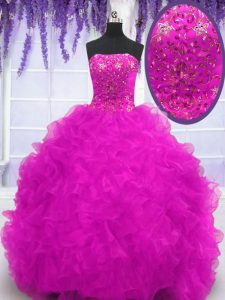 Strapless Sleeveless Ball Gown Prom Dress With Brush Train Beading and Appliques and Ruffles Fuchsia Organza