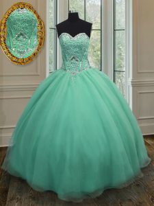Lovely Apple Green Organza Lace Up Sweetheart Sleeveless Floor Length Quinceanera Gowns Beading