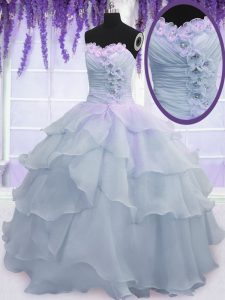 Light Blue Organza Lace Up Quince Ball Gowns Sleeveless Floor Length Ruffled Layers and Ruching and Hand Made Flower