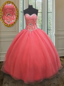 Watermelon Red Sweetheart Neckline Beading 15 Quinceanera Dress Sleeveless Lace Up
