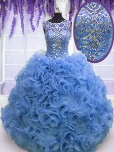 Fantastic Scoop Sleeveless Quinceanera Dress Floor Length Beading and Ruffles Baby Blue Organza