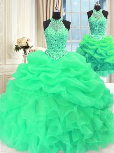 Three Piece Floor Length Lace Up Quinceanera Gown Green for Military Ball and Sweet 16 and Quinceanera with Beading and 