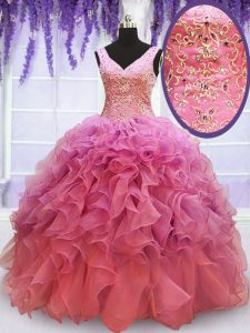 Pink Sleeveless Organza Lace Up 15 Quinceanera Dress for Prom and Military Ball and Sweet 16 and Quinceanera