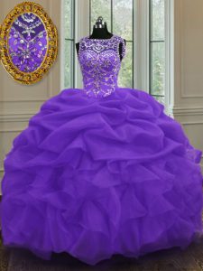 Eggplant Purple Ball Gowns Organza Scoop Sleeveless Beading and Pick Ups Floor Length Lace Up Sweet 16 Dress
