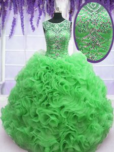 Dazzling Green Scoop Neckline Beading and Ruffles Quince Ball Gowns Sleeveless Lace Up
