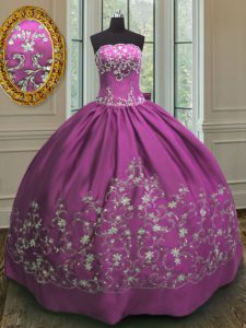 Fuchsia Ball Gowns Satin Strapless Sleeveless Embroidery Floor Length Lace Up 15th Birthday Dress