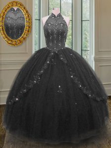 Black High-neck Lace Up Beading and Appliques Quinceanera Dresses Sleeveless