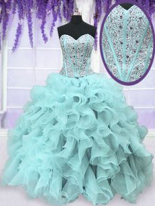 Light Blue Organza Lace Up Sweetheart Sleeveless Floor Length Quinceanera Gown Beading and Ruffles