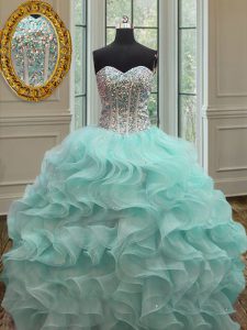 Popular Organza Sweetheart Sleeveless Lace Up Beading and Ruffles Quinceanera Gowns in Apple Green