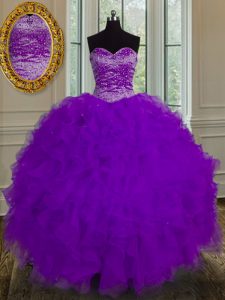 Flare Tulle Sweetheart Sleeveless Lace Up Beading and Ruffles Quinceanera Gowns in Eggplant Purple
