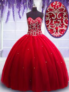 Designer Red Ball Gowns Tulle Sweetheart Sleeveless Beading Floor Length Lace Up Quinceanera Dresses