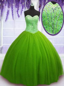 Pretty Tulle Lace Up Quinceanera Dress Sleeveless Floor Length Beading