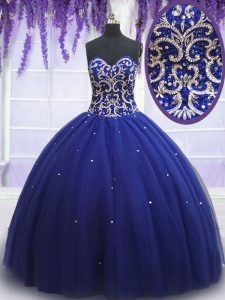 Royal Blue Ball Gowns Tulle Sweetheart Sleeveless Beading Floor Length Lace Up Sweet 16 Quinceanera Dress
