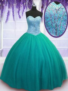 Custom Made Ball Gowns Sweet 16 Quinceanera Dress Turquoise Sweetheart Tulle Sleeveless Floor Length Lace Up
