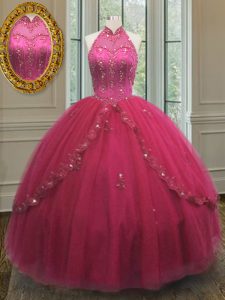 Dramatic Hot Pink Sweet 16 Quinceanera Dress Military Ball and Sweet 16 and Quinceanera and For with Beading and Appliqu