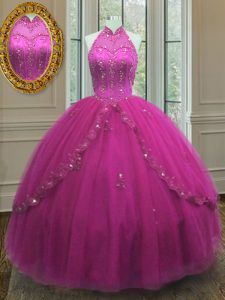 Best Floor Length Lace Up Quinceanera Dresses Fuchsia for Military Ball with Beading and Appliques