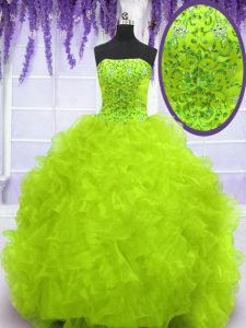 Nice Yellow Green Lace Up Quinceanera Gowns Beading and Appliques and Ruffles Sleeveless With Brush Train