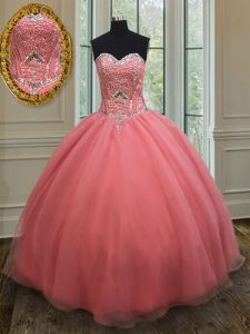 Chic Watermelon Red Sweetheart Lace Up Beading and Belt Quinceanera Dress Sleeveless