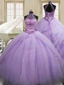 Halter Top Sleeveless Tulle Sweep Train Lace Up Ball Gown Prom Dress in Lavender with Beading and Embroidery