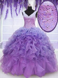 Luxury Lavender V-neck Neckline Beading and Embroidery and Ruffles Quince Ball Gowns Sleeveless Lace Up