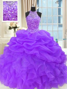 Beauteous Pick Ups Ball Gowns Sweet 16 Dresses Purple High-neck Organza Sleeveless Floor Length Lace Up