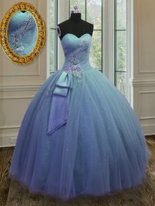 Low Price Blue Lace Up Sweetheart Beading and Ruching Sweet 16 Dress Tulle and Sequined Sleeveless