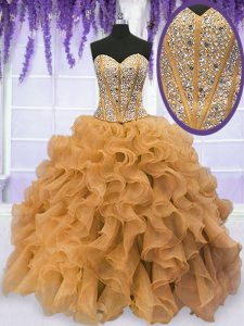 Custom Made Gold Organza Lace Up Sweetheart Sleeveless Floor Length Quinceanera Dress Beading and Ruffles