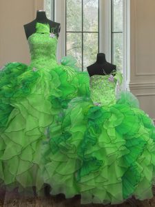 Green Sleeveless Beading and Ruffles Floor Length Ball Gown Prom Dress