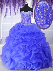 Ball Gowns 15th Birthday Dress Blue Sweetheart Organza Sleeveless Floor Length Lace Up