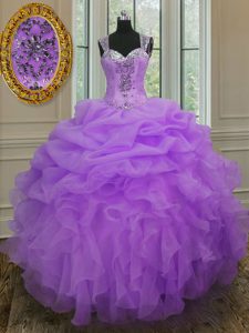 Glorious Straps Sleeveless Organza Floor Length Zipper Quinceanera Dresses in Lavender with Beading and Ruffles