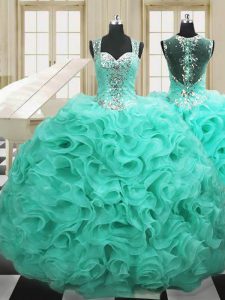 Inexpensive Organza Straps Sleeveless Lace Up Beading and Ruffles Quinceanera Dress in Apple Green