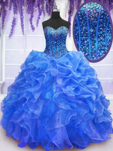 Deluxe Blue Lace Up 15th Birthday Dress Beading and Ruffles Sleeveless Floor Length