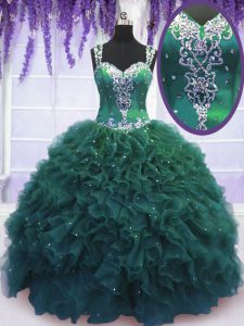 Shining Dark Green Ball Gowns Tulle Straps Sleeveless Beading and Ruffles Floor Length Zipper Quinceanera Gown