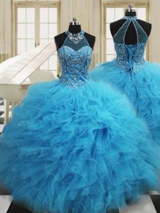 Scoop Sleeveless Tulle Sweet 16 Dresses Beading and Ruffles Lace Up