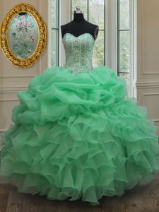 Gorgeous Organza Strapless Sleeveless Lace Up Beading and Ruffles and Pick Ups Ball Gown Prom Dress in Apple Green