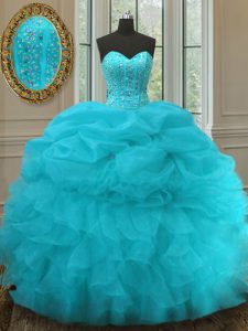 Aqua Blue Lace Up Ball Gown Prom Dress Beading and Ruffles and Pick Ups Sleeveless Floor Length